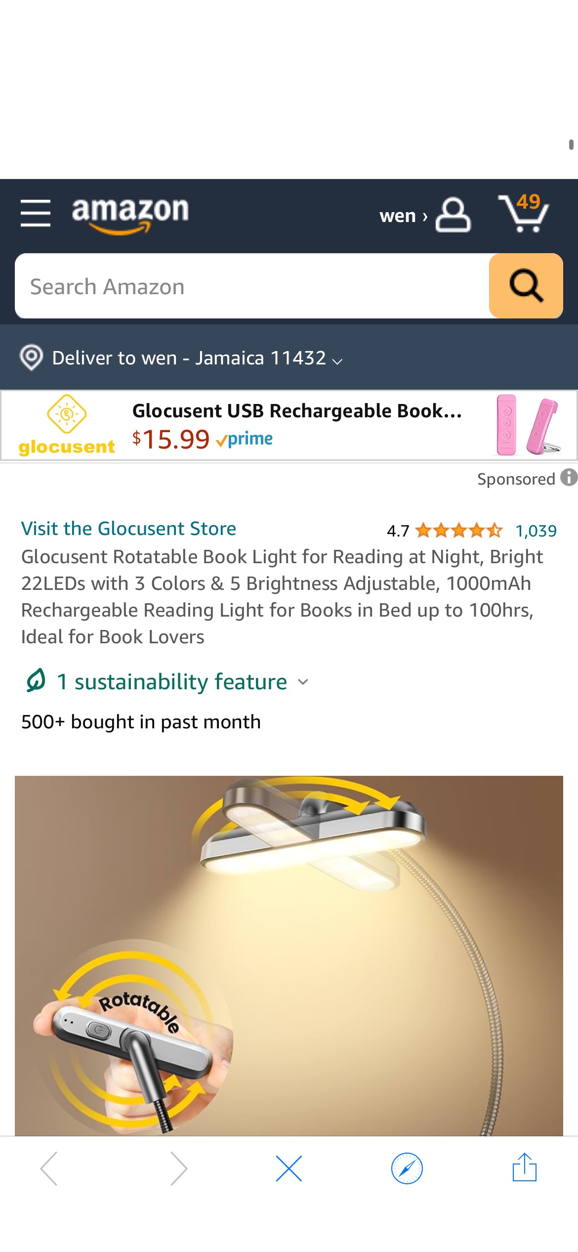 Glocusent Rotatable Book Light for Reading at Night, Bright 22LEDs with 3 Colors & 5 Brightness Adjustable, 1000mAh Rechargeable Reading Light for Books in Bed up to 100hrs, Ideal for Book Lovers - Am