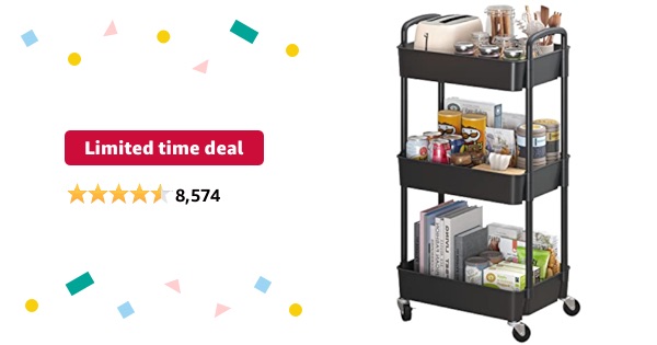 Limited-time deal: Sywhitta 3-Tier Plastic Rolling Utility Cart with Handle, Multi-Functional Storage Trolley for Office, Living Room, Kitchen, Movable Storage Organizer with Wheels, Black