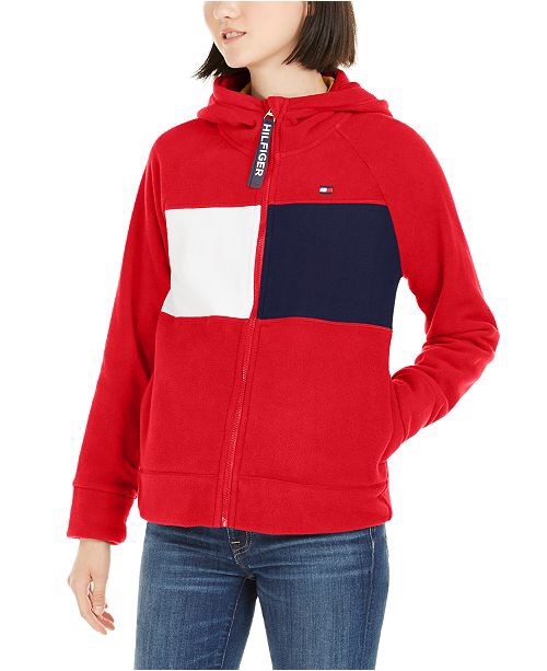 Tommy Hilfiger Hooded Fleece Colorblocked Jacket & Reviews - Jackets & Blazers - Women - Macy's 女式连帽夹克