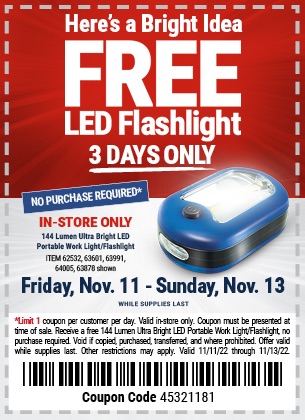 免费手电筒 144 Lumen Ultra Bright LED Portable Worklight/Flashlight for FREE – Harbor Freight Coupons