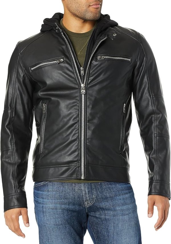 Men's Faux Leather Hooded Moto Jacket