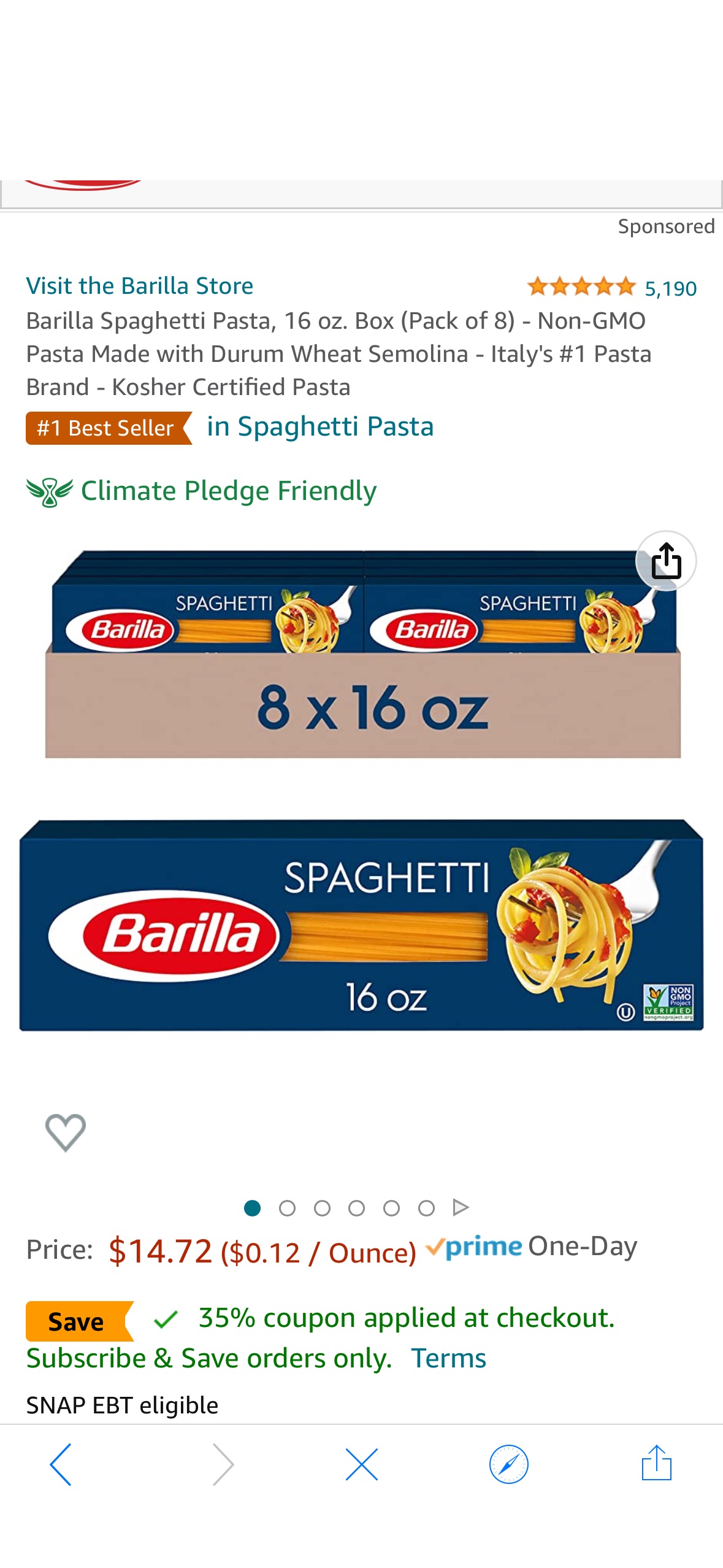 Amazon.com : Barilla Spaghetti Pasta, 16 oz. Box (Pack of 8) - Non-GMO Pasta Made with Durum Wheat Semolina - Italy's #1 Pasta Brand - Kosher Certified Pasta : Grocery & Gourmet Food意面