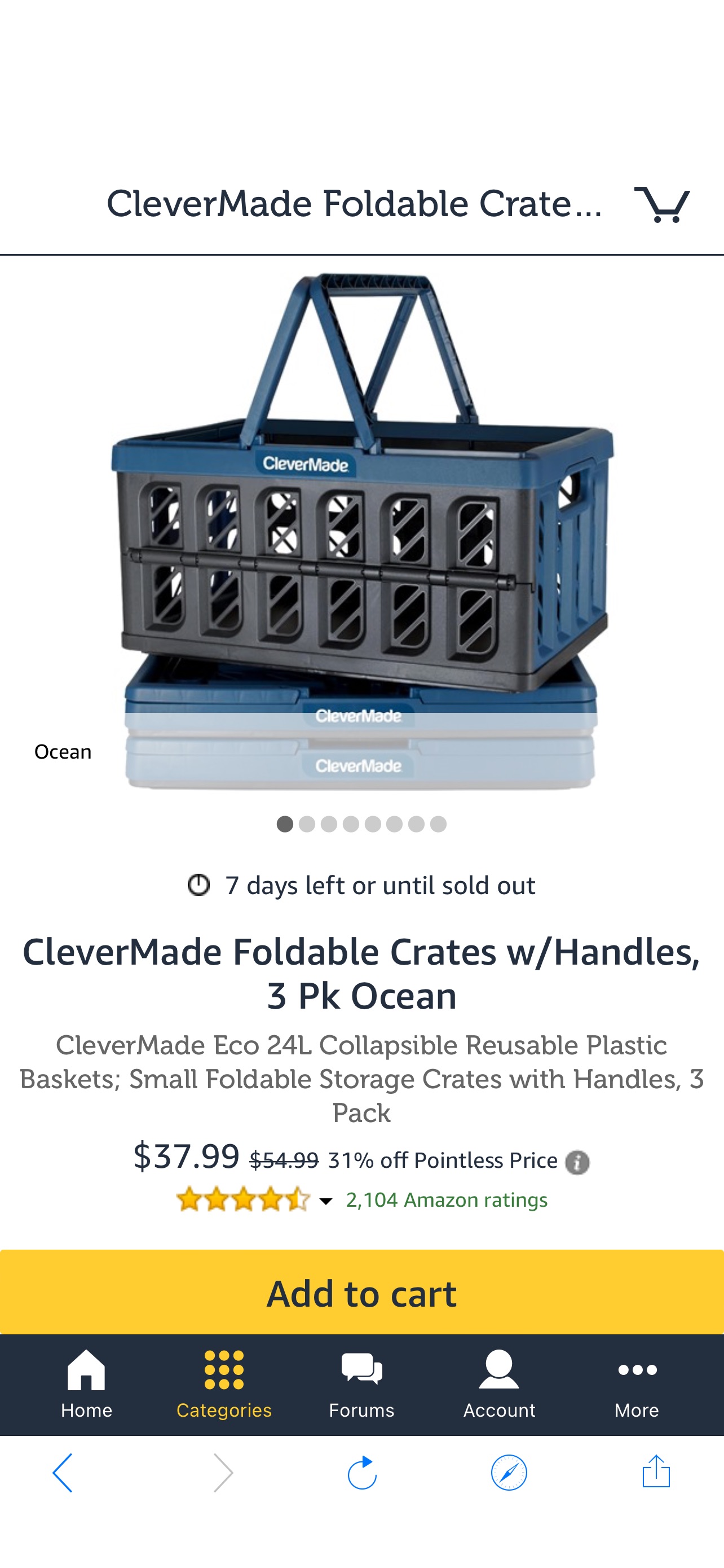 购物筐CleverMade Foldable Crates w/Handles, 3 Pk Ocean