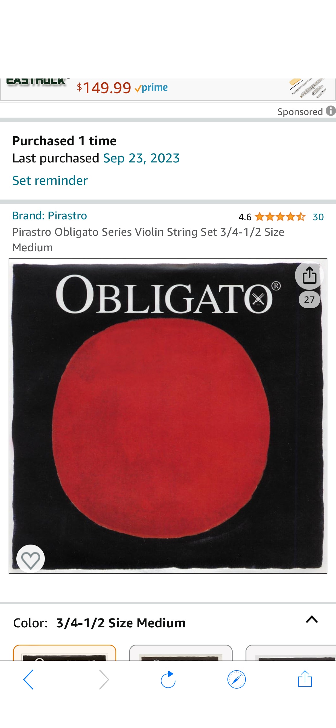 Amazon.com: Pirastro Obligato Series Violin String Set 3/4-1/2 Size Medium : Musical Instruments