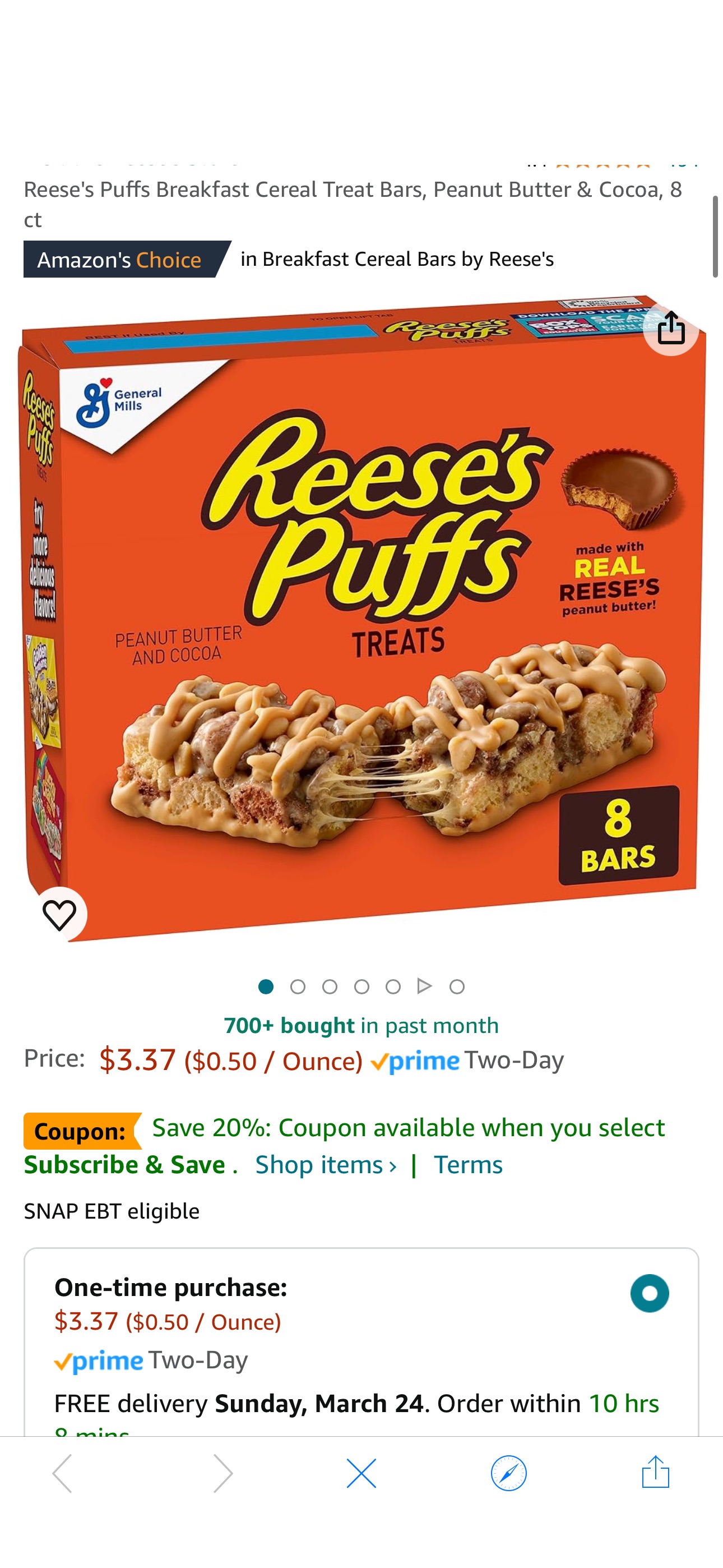 Amazon.com: Reese's Puffs Breakfast Cereal Treat Bars, Peanut Butter & Cocoa, 8 ct coupon