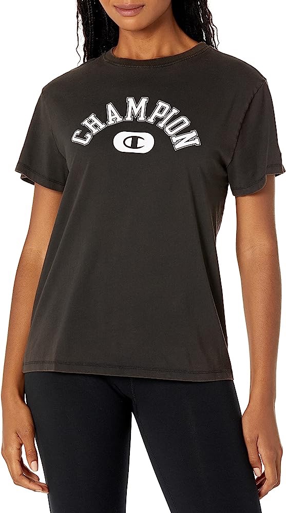 Champion womens Champion Women's Vintage Wash Classic Tee, Arch Logo T Shirt, Solar Wash Black-586oqa, X-Small，T恤