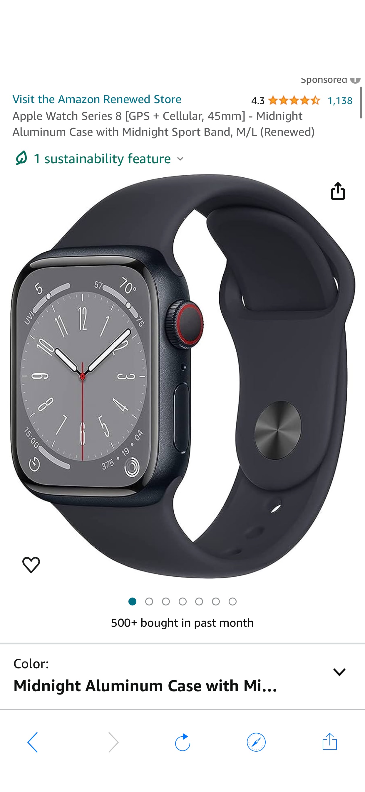 Amazon.com: Apple Watch Series 8 [GPS + Cellular, 45mm] - Midnight Aluminum Case with Midnight Sport Band, M/L (Renewed) : Electronics 苹果手表 翻新版