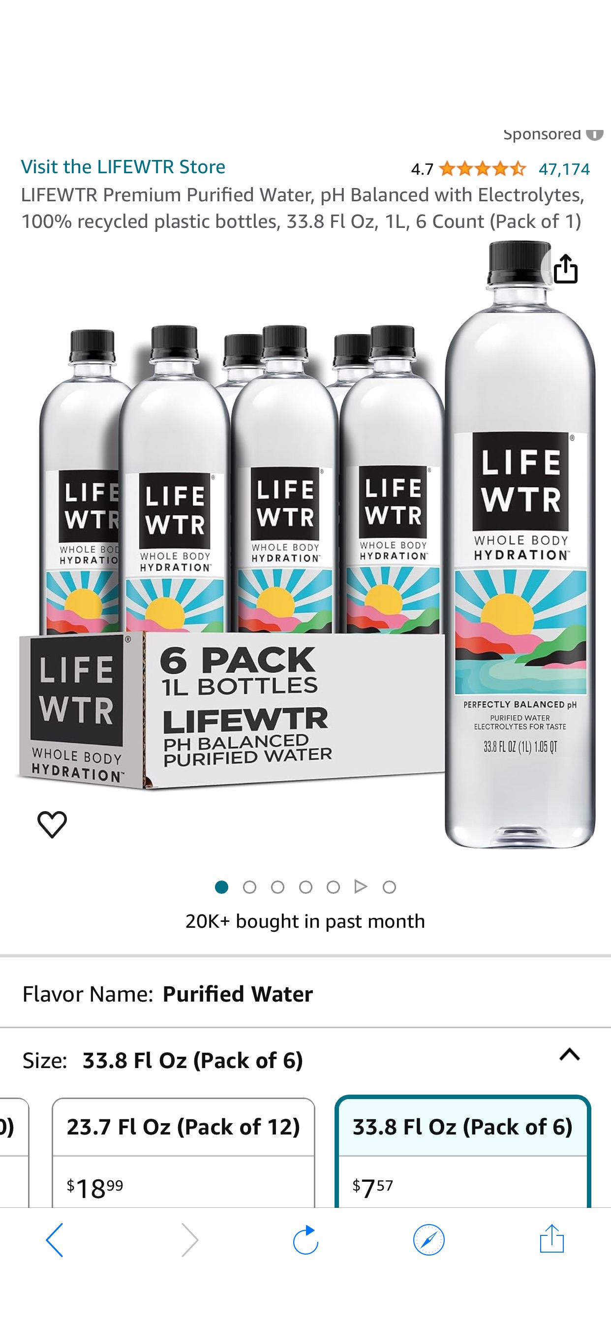Amazon.com : LIFEWTR Premium Purified Water, pH Balanced with Electrolytes, 100% recycled plastic bottles, 33.8 Fl Oz, 1L, 6 Count (Pack of 1) : Everything Else 离子水