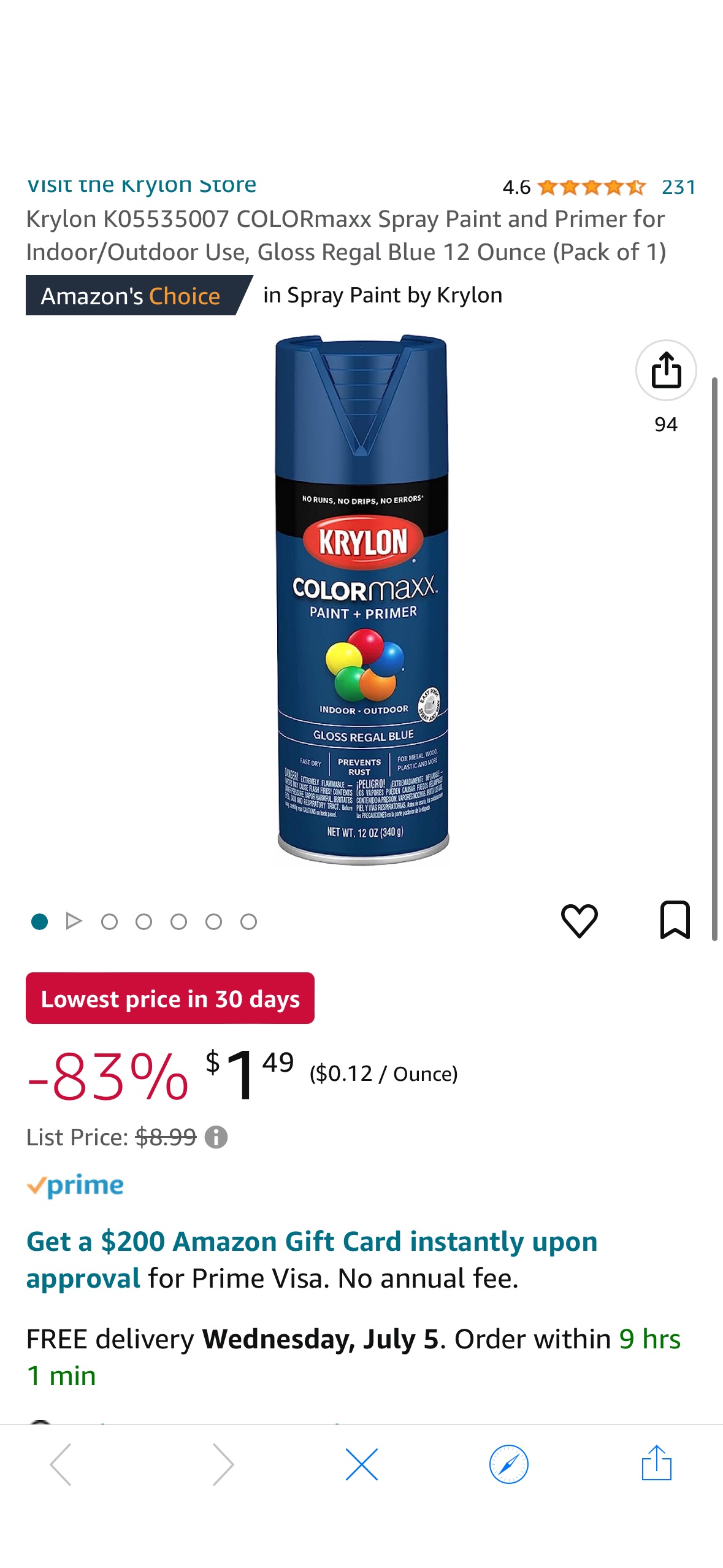 Krylon K05535007 COLORmaxx Spray Paint and Primer for Indoor/Outdoor Use, Gloss Regal Blue 12 Ounce (Pack of 1) - - Amazon.com