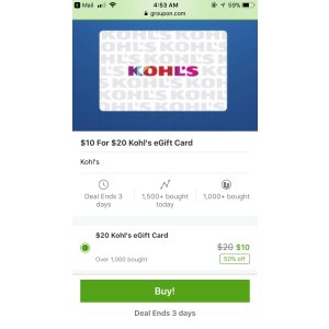 10刀 半价收$20 Kohl’s 礼卡