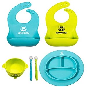 $12.97 辅食套装Amazon.com : Baby & Toddler Feeding Set - 2 Pocket Food Catching Bibs, 2 Spoons, Placemat Suction Plate & Bowl | BPA Free Silicone | Safe for Children | Waterproof Spill Resistant Easy Cleaning