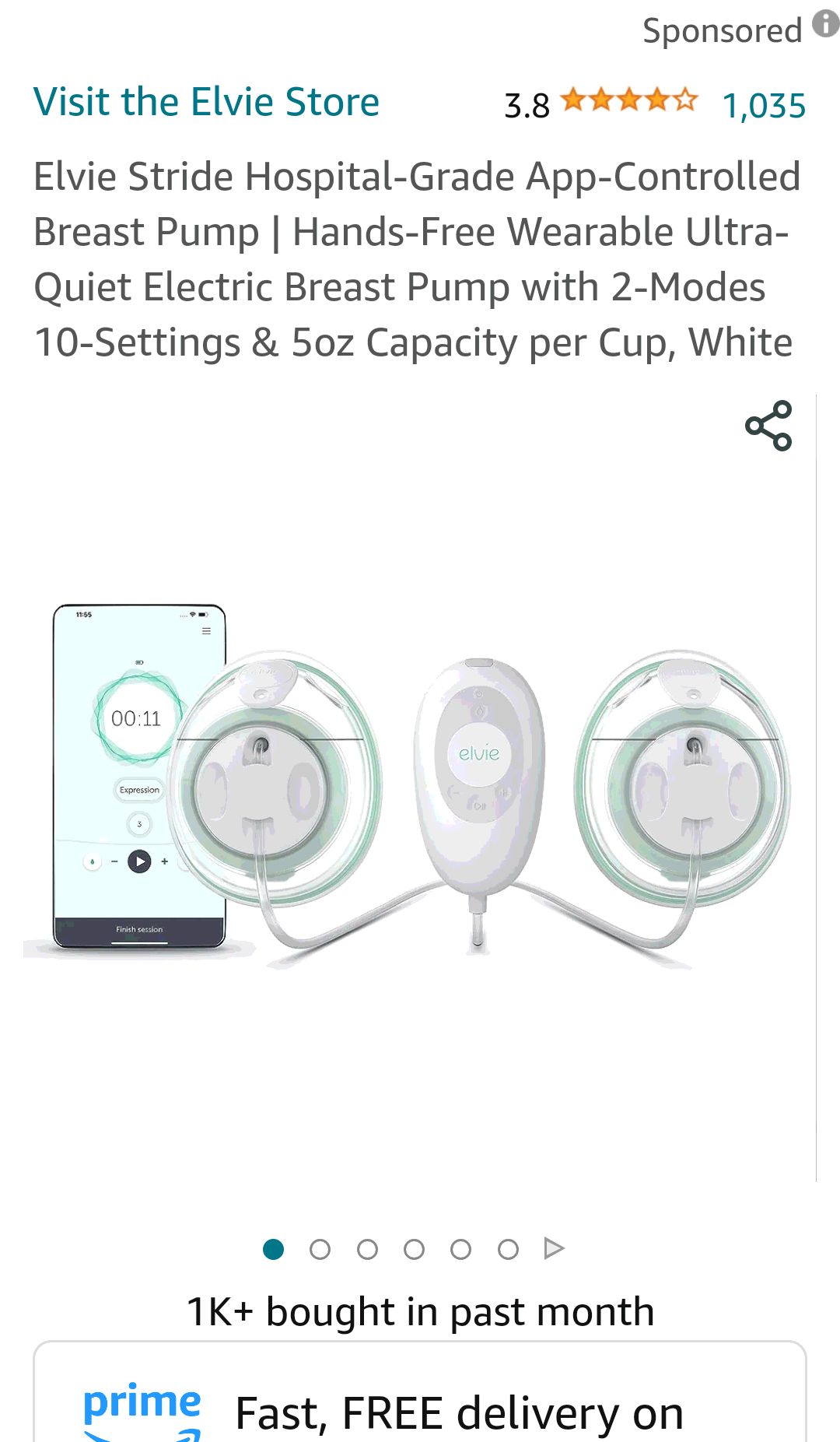 Amazon.com : Elvie Stride Hospital-Grade App-Controlled Breast Pump | Hands-Free Wearable Ultra-Quiet Electric Breast Pump with 2-Modes 10-Settings & 5oz Capacity per Cup, White : Baby