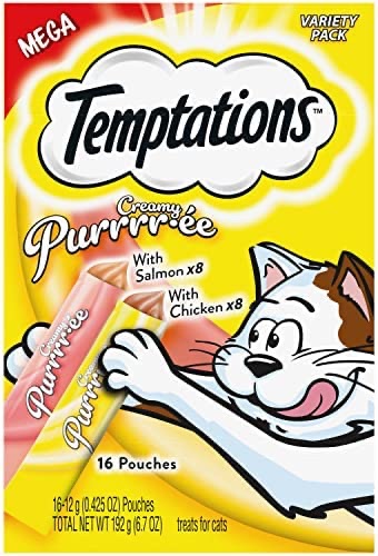 Amazon.com: Temptations猫条 Creamy Puree with Chicken, Salmon, and Tuna, Variety Pack of Lickable Cat Treats, 0.42 oz Pouches, 24 Count : Home & Kitchen