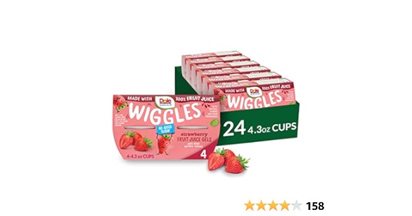 Dole Wiggles No Sugar Added Strawberry Fruit Juice Gels Snacks, 4.3oz 24 Total Cups, Gluten & Dairy Free, Bulk Lunch Snacks for Kids & Adults