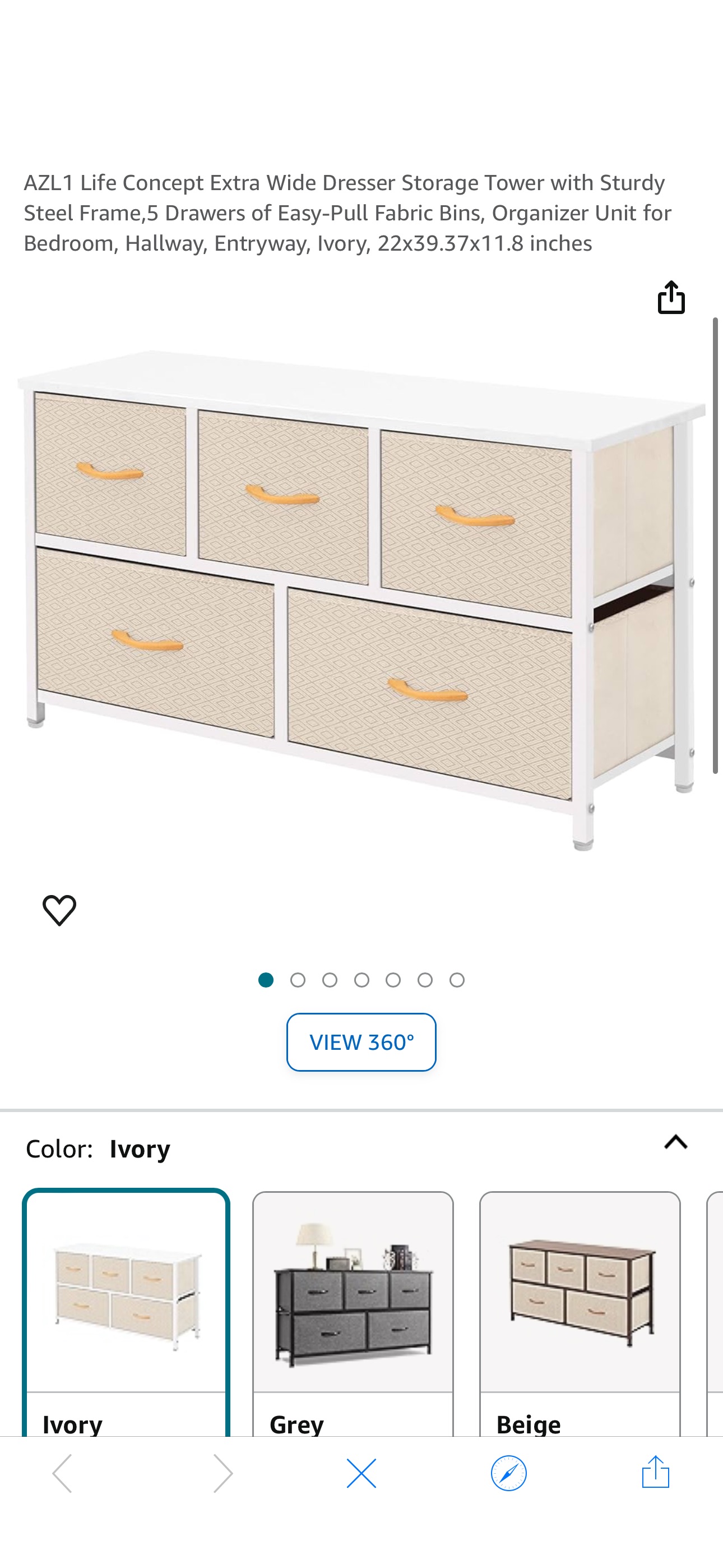 Amazon.com: AZL1 Life Concept Extra Wide Dresser Storage Tower with Sturdy Steel Frame,5 Drawers of Easy-Pull Fabric Bins, Organizer Unit for Bedroom, Hallway, Entryway, Ivory, 22x39.37x11.8 inches : 