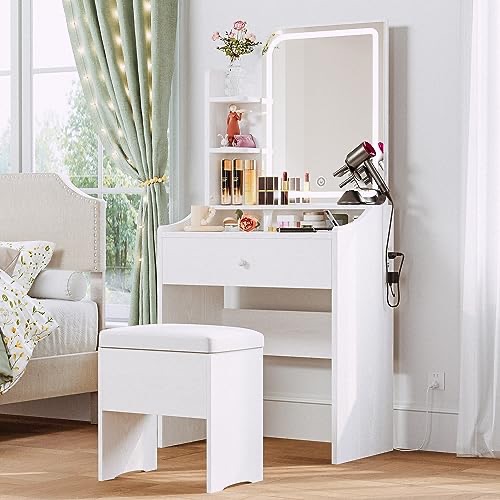 Amazon.com: LIKIMIO Small Makeup Vanity Desk with Mirror and Lights, Vanity Table Set with Storage Drawer & Chair & 3 Shelves,  Bedroom, White : Home & Kitchen化妆桌