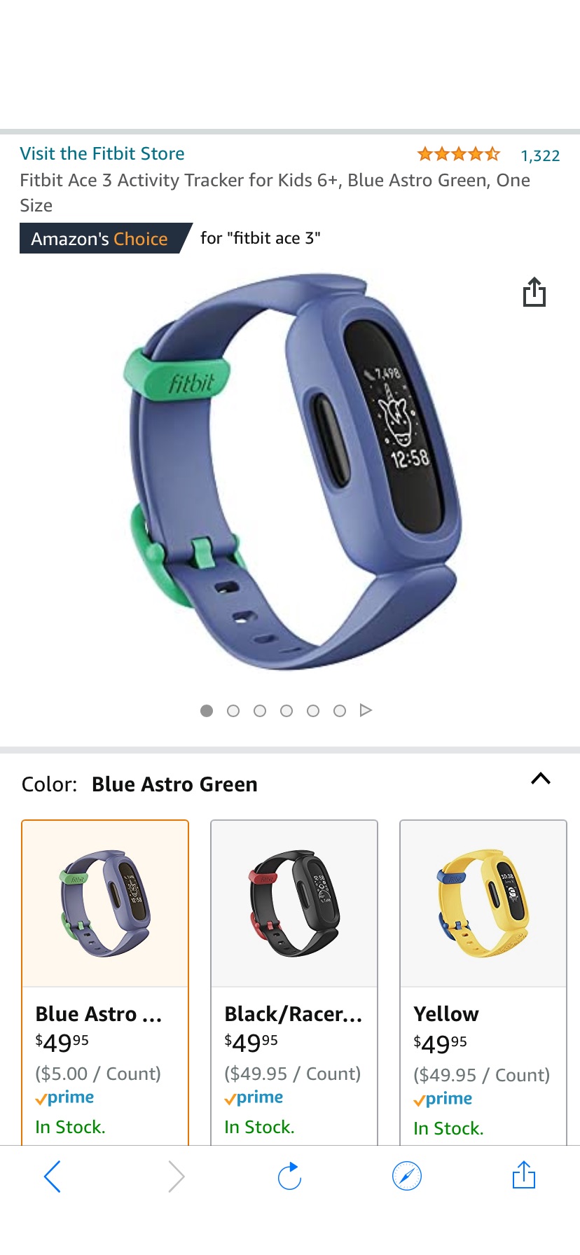 Amazon.com: Fitbit Ace 3 Activity Tracker for Kids 6+, Blue Astro Green, One Size : Sports & Outdoors 儿童运动腕表
