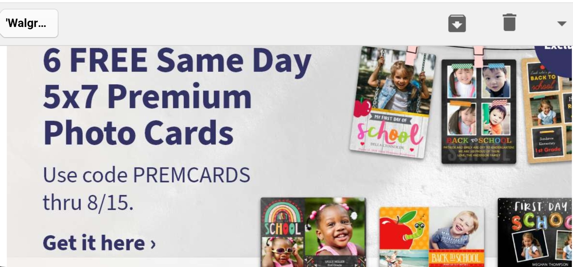 Walgreens 免费相片/贺卡 5x7 一式6个 Free Same Day Pickup 5x7 Premium Cards, set of 6