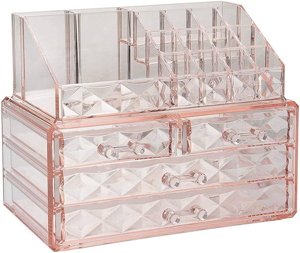 ZHIAI 带刷架的珠宝和化妆品盒-粉色钻石图案存储展示盒