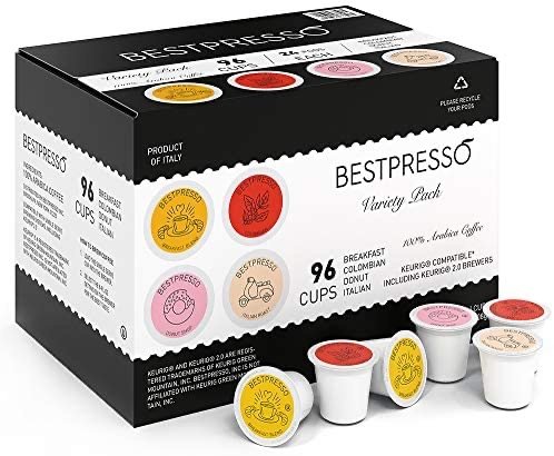 Bestpresso Coffee, Variety Pack Single Serve K-Cup Pods, 96 Count. Includes Breakfast, Colombain, Donut and Italian (Compatible With 2.0 Keurig Brewers) 8 Packs Of 12 Cups