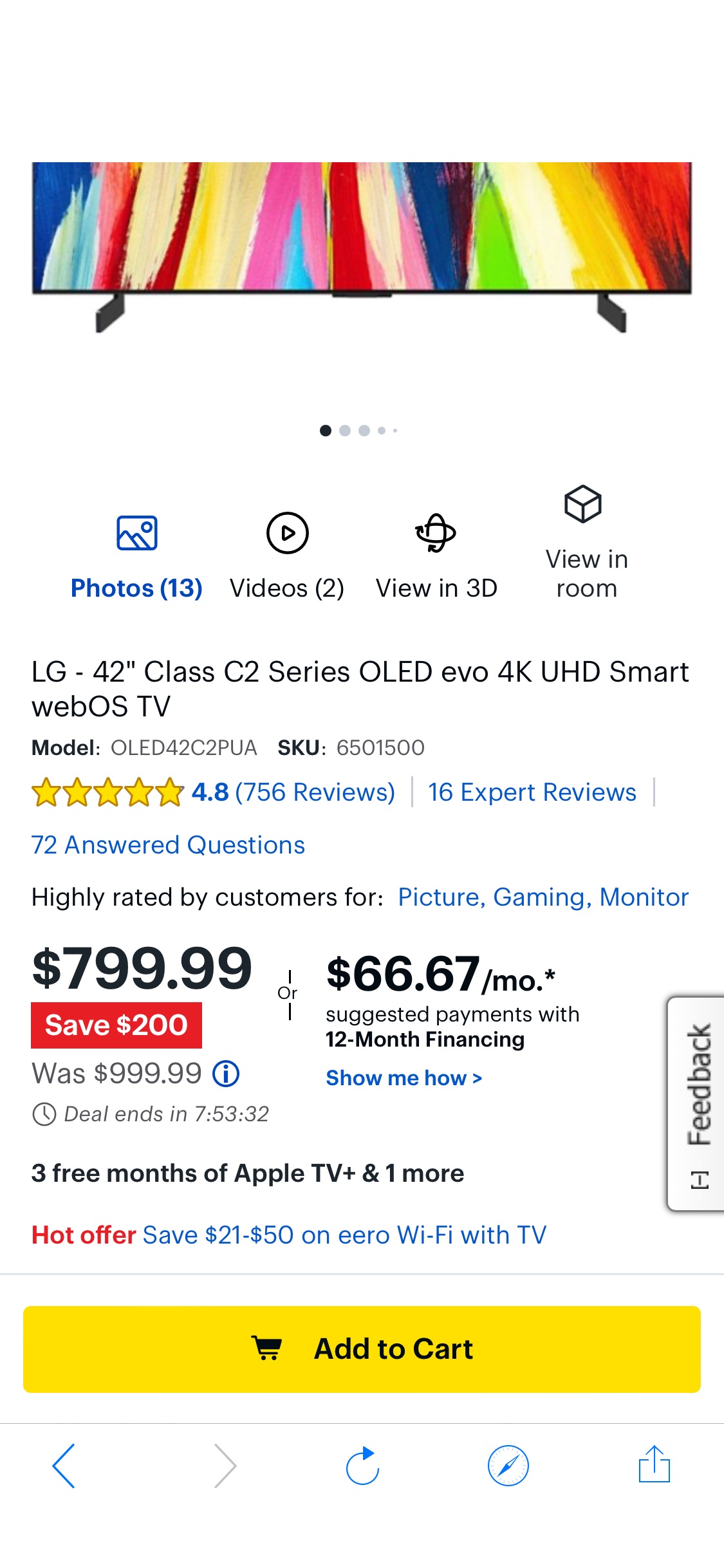 LG 42" C2 现货$799。