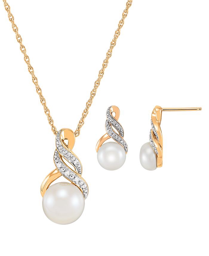 Macy's Cultured Freshwater Pearl (8 & 9mm) and Diamond Accent Pendant Necklace and Earrings Set in Sterling Silver or 14k Gold Over Silver - Macy's