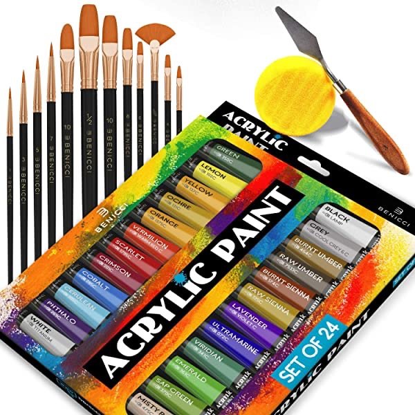 Creative Joy 24色丙烯颜料和画笔套装 玩丙烯泼彩画