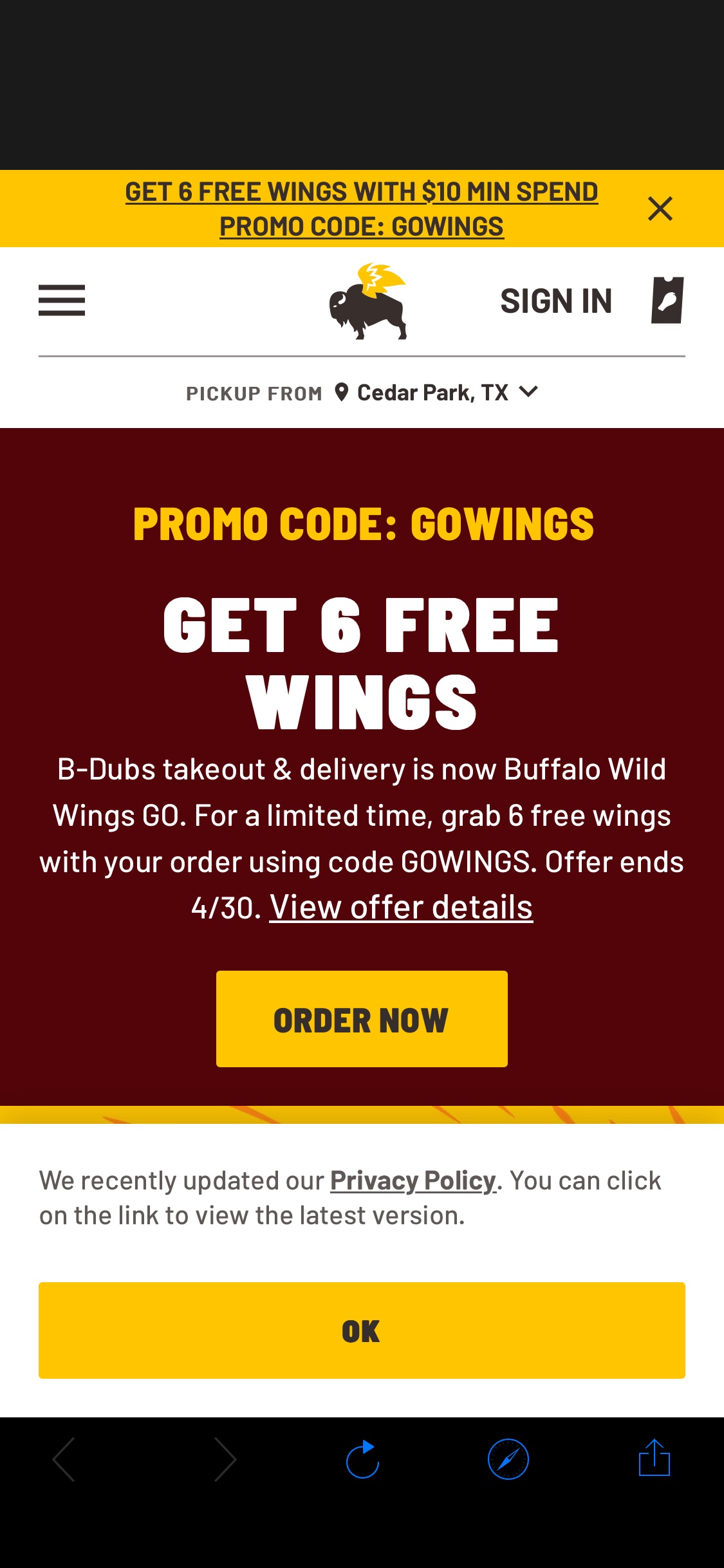Buffalo Wild Wings 满$10送六块鸡（折扣码：GOWINGS) 4月底截止