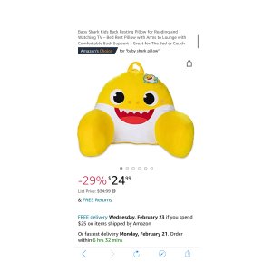 $24.99 Amazon.com : Baby Shark Kids Back Resting Pillow for Reading and Watching TV – Bed Rest Pillow with Arms to Lounge with Comfortable Back Support – 鲨鱼宝宝儿童靠枕