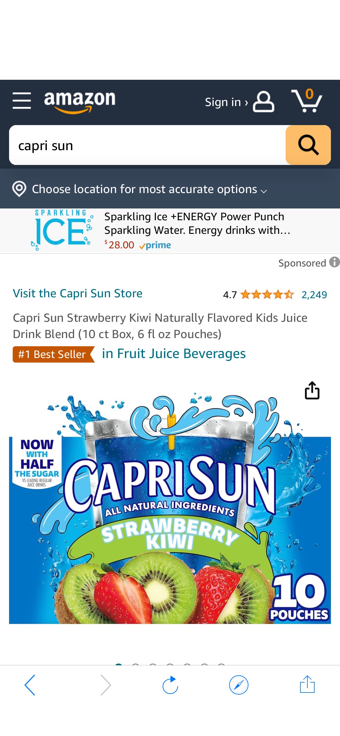 Amazon.com : Capri Sun Strawberry Kiwi Naturally Flavored Kids Juice Drink Blend (10 ct Box, 6 fl oz Pouches) : Grocery & Gourmet Food 果汁饮料