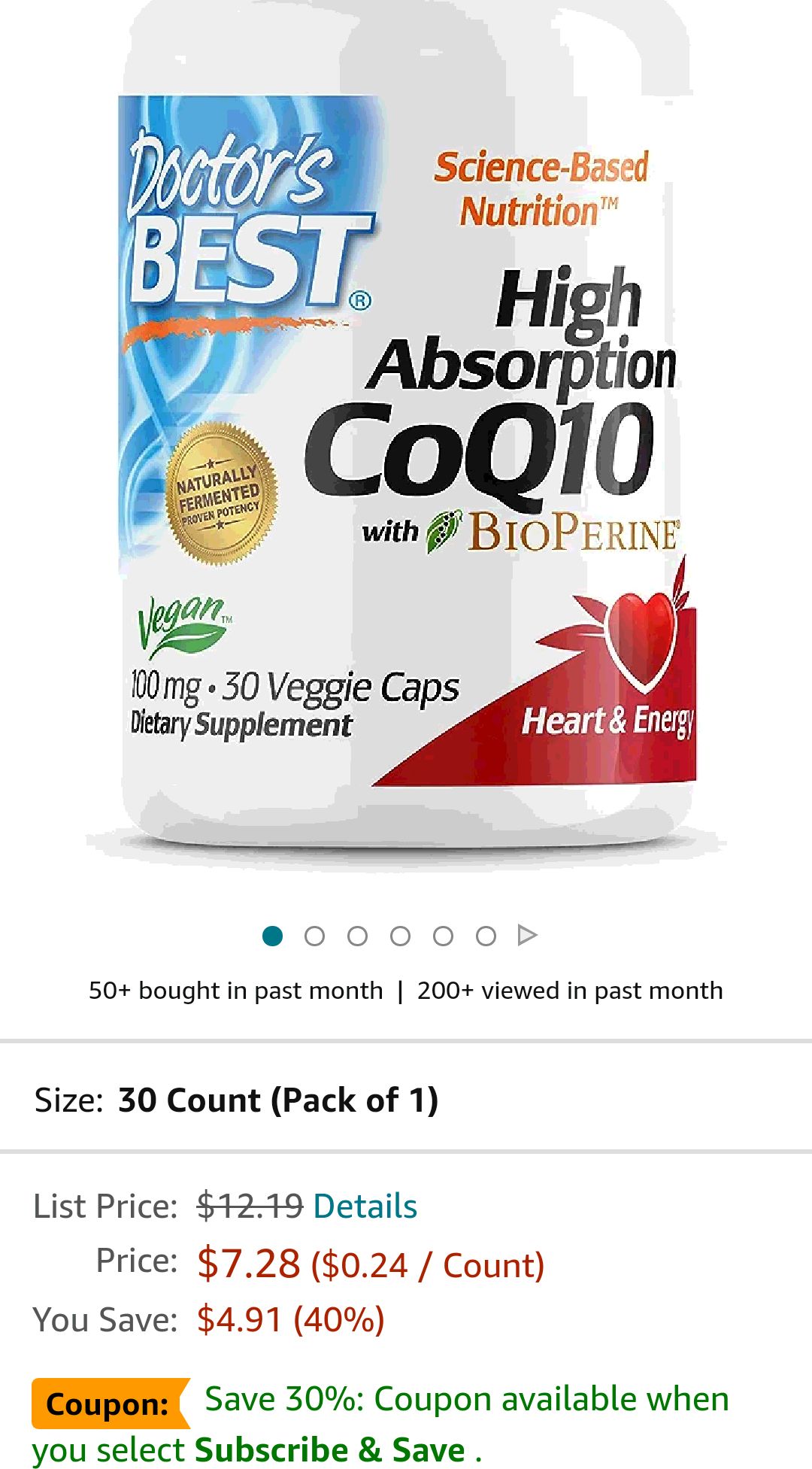 Doctor's Best High Absorption CoQ10 with BioPerine, Vegan, Gluten Free, Naturally Fermented, Heart Health & Energy Production, 100 mg 30 Veggie Caps : Health & Household