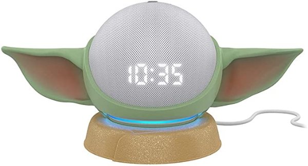 All-new Echo Dot (4th Gen) Smart Speaker with clock - Glacier White with All New, Made for Amazon, featuring The Mandalorian Baby GroguTM-inspired Stand for Amazon Echo Dot (4th Gen)