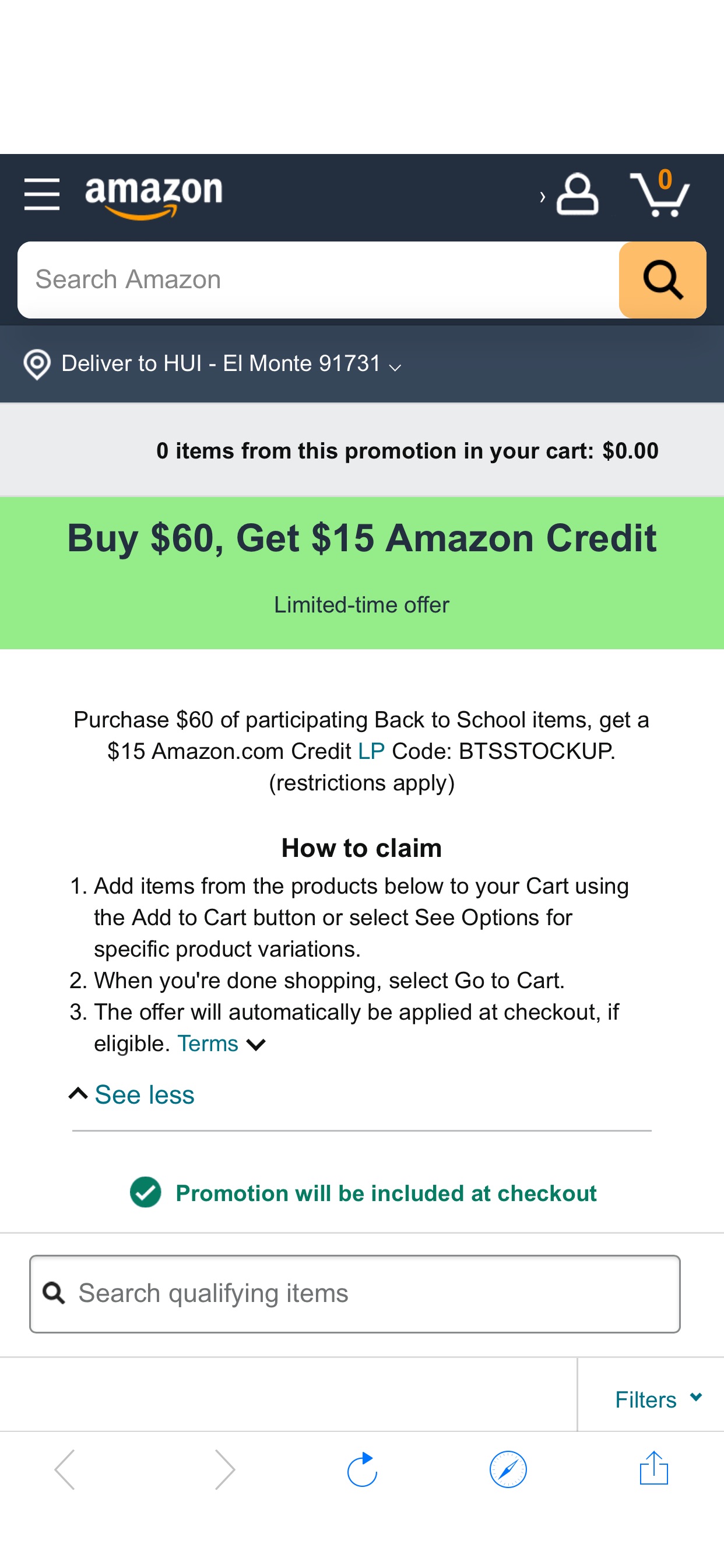亚马逊购买$60参加Back to school活动的商品，返$15 credit，offer会在结账时自动添加