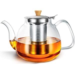 HIHUOS 1000ml Glass Teapot with Stainless Steel Infuser & Lid