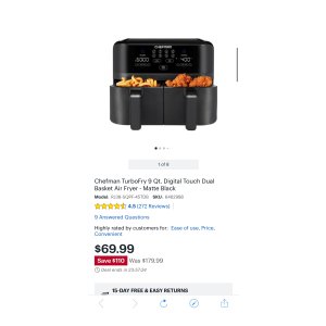 $70 Chefman TurboFry 9 Qt. Digital Touch Dual Basket Air Fryer Matte Black RJ38-SQPF-45TDB - Best Buy促销