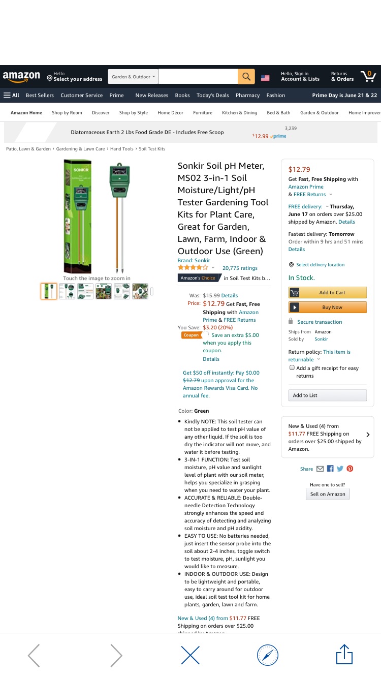 Amazon.com : Sonkir Soil pH Meter, MS02 3-in-1 Soil Moisture/Light/pH Tester Gardening Tool Kits for Plant Care, Great for Garden, Lawn, Farm, Indoor & Outdoor Use (Green) :土壤pH计