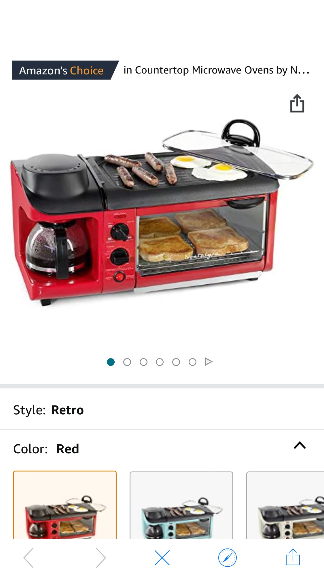 Nostalgia Retro 3-in-1 Family Size Electric Breakfast Station, Non Stick Die Cast Grill/Griddle, 4 Slice Toaster Oven, Coffee Maker, Red 早餐机
