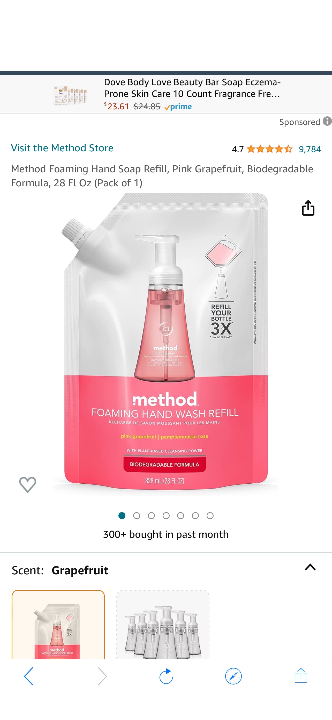 Method 泡沫洗手液补充装，粉色 葡萄柚味，可生物降解配方，袋装，28 Fl Oz 1 袋