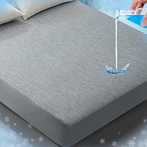 Rywell Queen Size Cooling Mattress Protector Waterproof, 防水凉爽床罩 Arc-Chill Cool Touch Fabric, Breathable Bed Mattress Cover Fitted Sheet Style, 14''-18'' Deep Pocket, - Grey