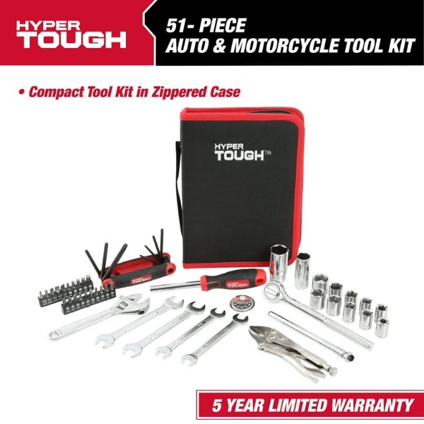 Hyper Tough 51-Piece Auto and Motorcycle Mechanic's Tool Kit, Model 4376V