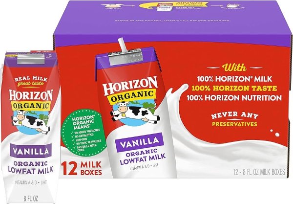 Horizon Organic Shelf-Stable Low Fat milk Boxes, Vanilla, 8 oz., 12 Pack