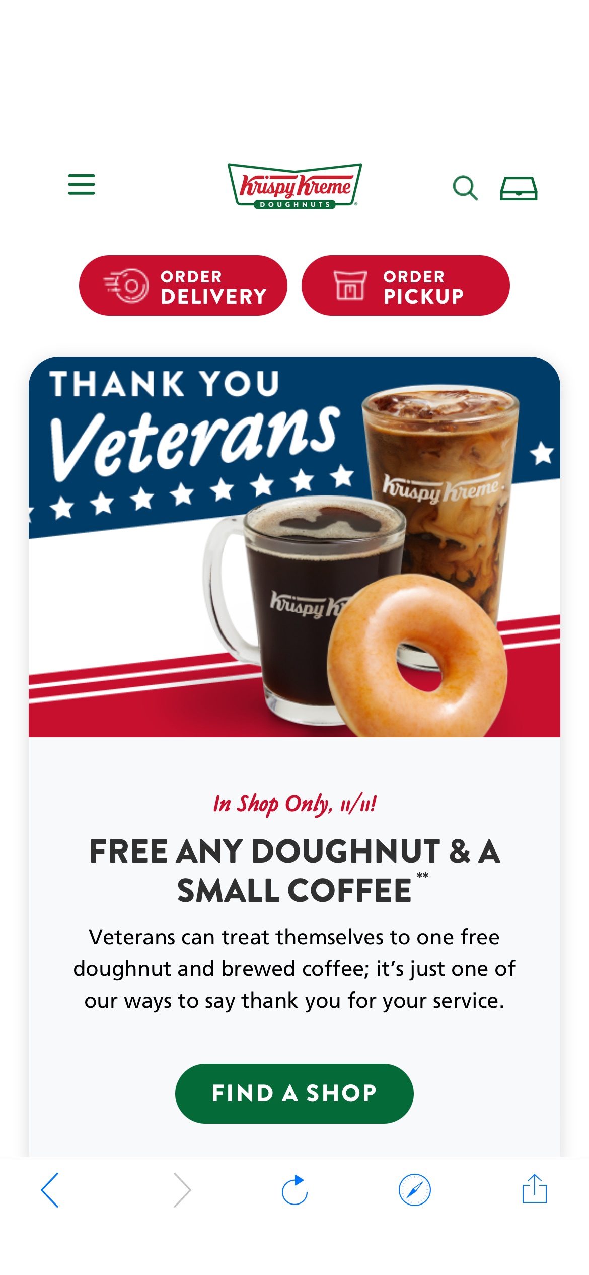 Krespy Kream - 退伍老兵可以免费领一个甜甜圈和咖啡