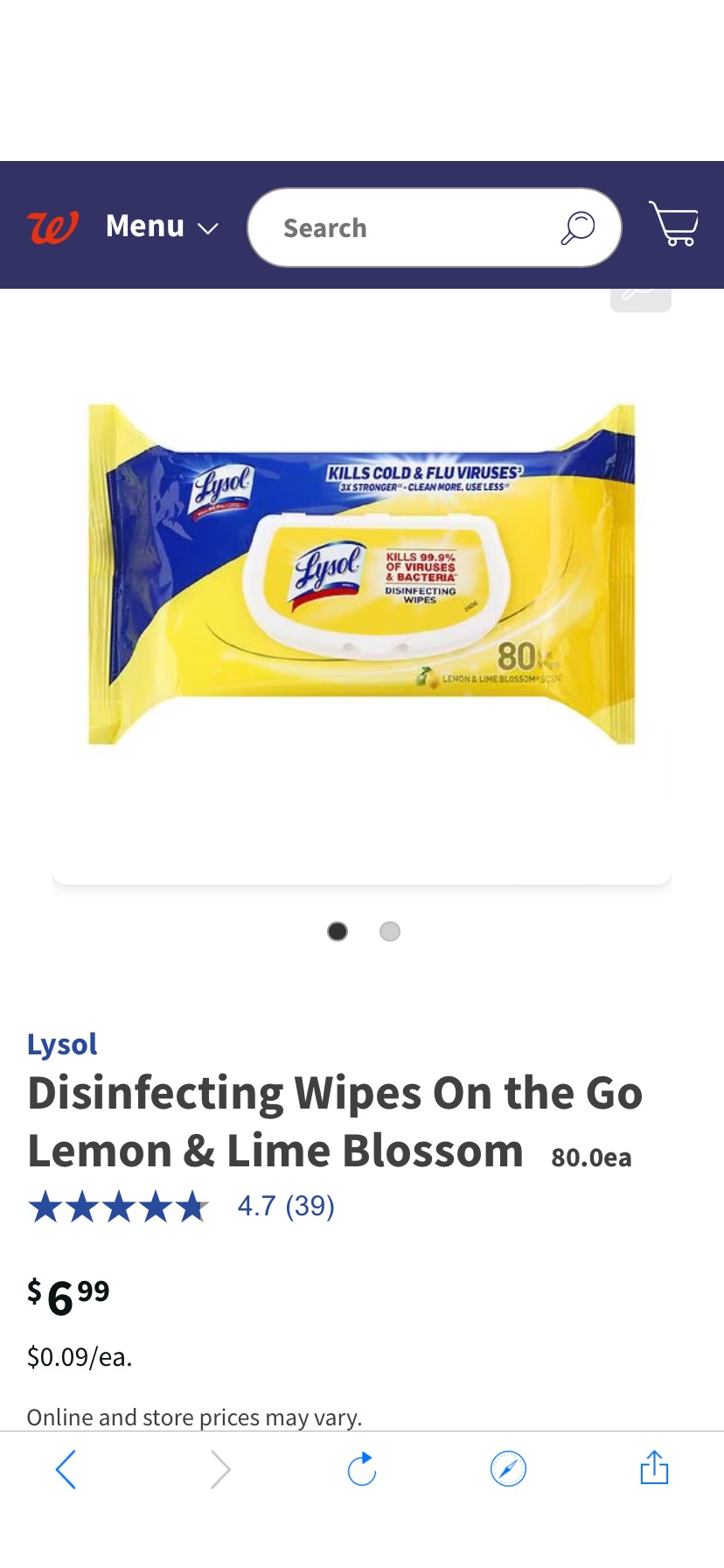 Lysol消毒濕紙巾Disinfecting Wipes On the Go Lemon & Lime Blossom 現買一送一優惠| Walgreens
