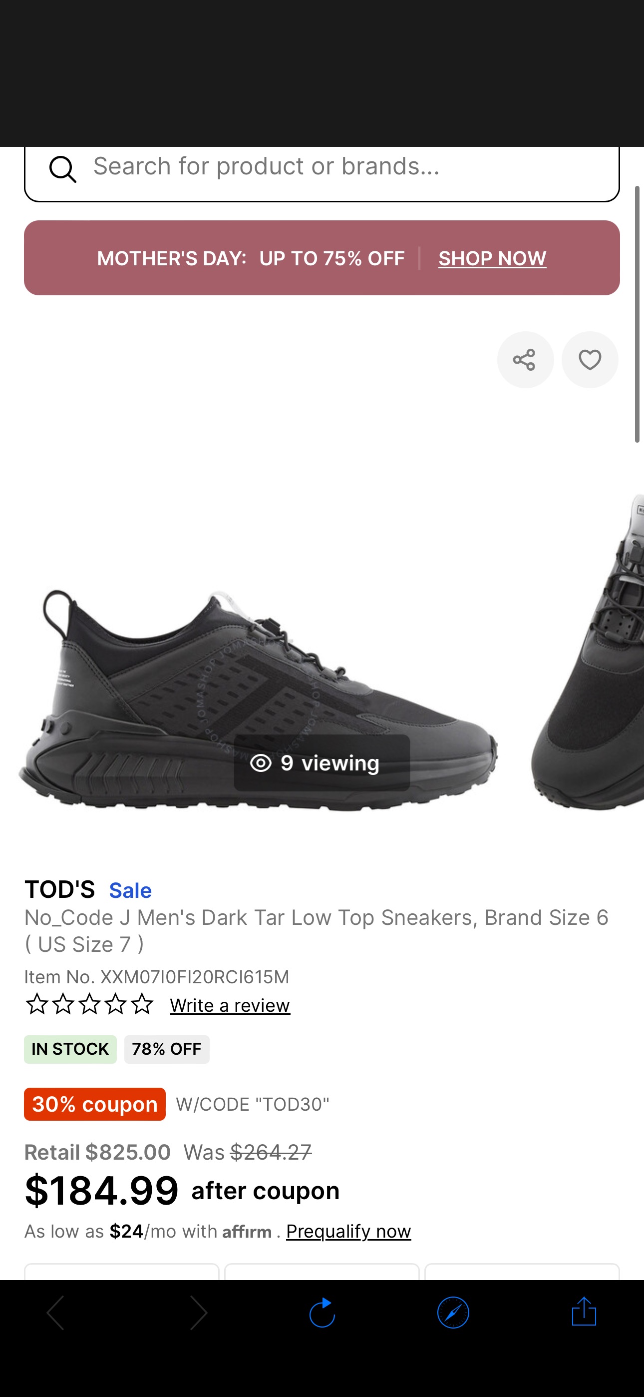 Tod's No_Code J Men's Dark Tar Low Top Sneakers, Brand Size 6 ( US Size 7 ) XXM07I0FI20RCI615M - Tods, No_Code J - Jomashop