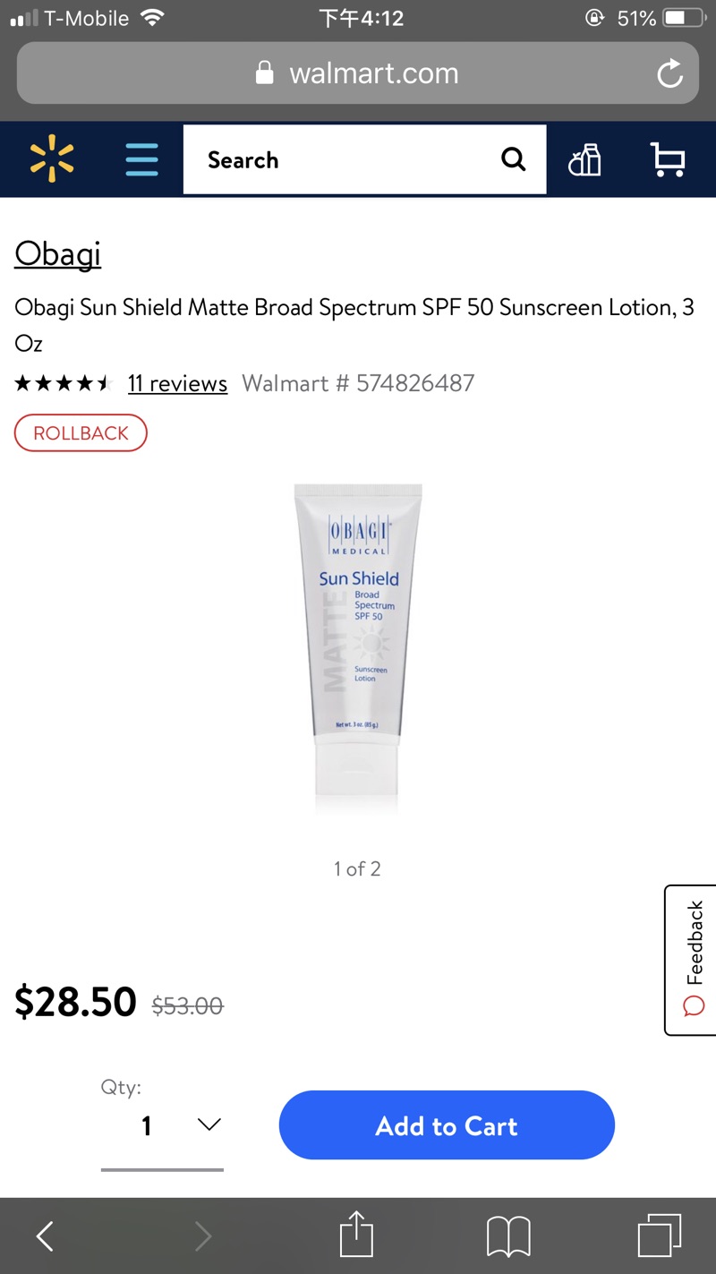Obagi Sun Shield Matte Broad Spectrum SPF 50 Sunscreen Lotion 50度防晒乳液