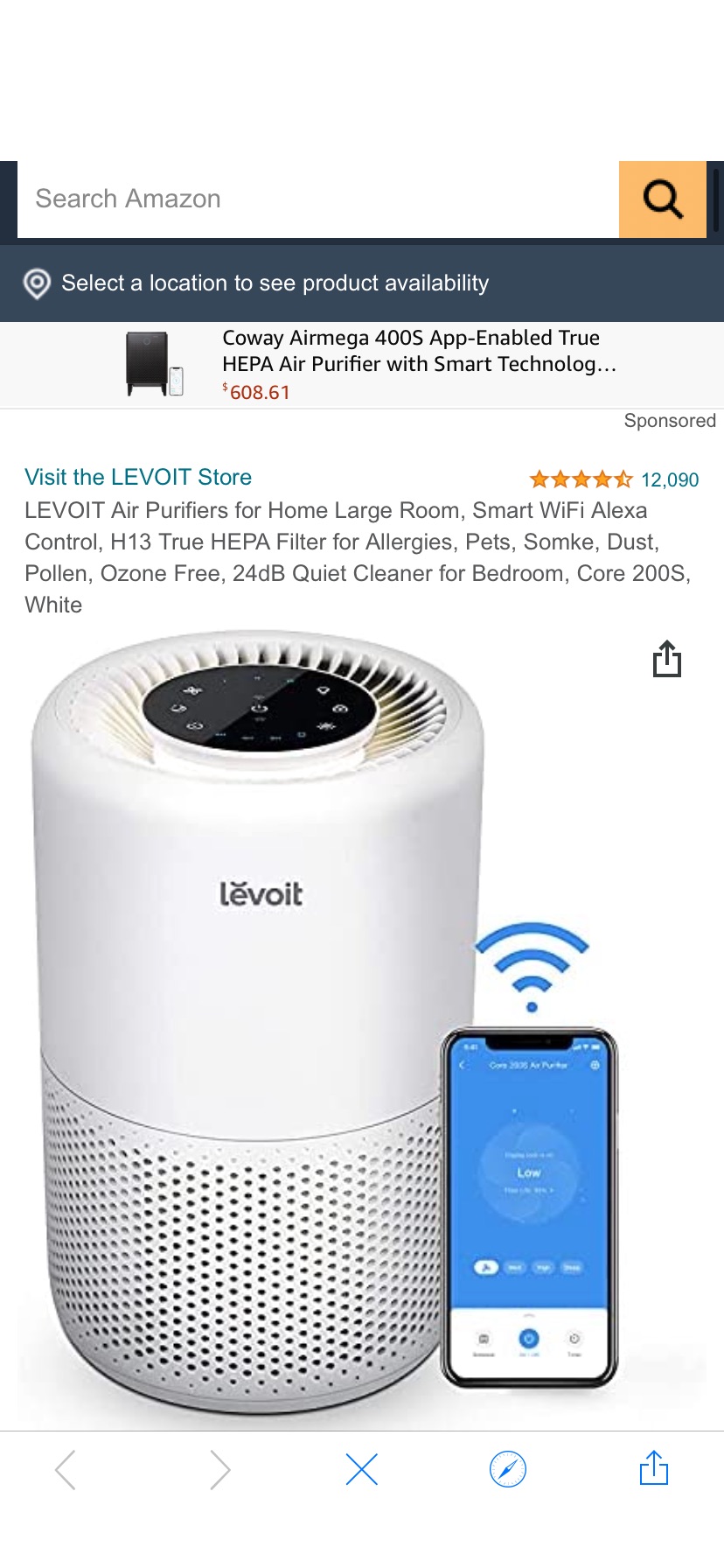 LEVOIT 空气净化器 Air Purifiers for Home Large Room, Smart WiFi Alexa Control, H13 True HEPA Filter for Allergies, Pets, Somke, Dust, Pollen, Ozone Free, 24dB Quiet Cleaner for Bedroom, Core 200S, White :