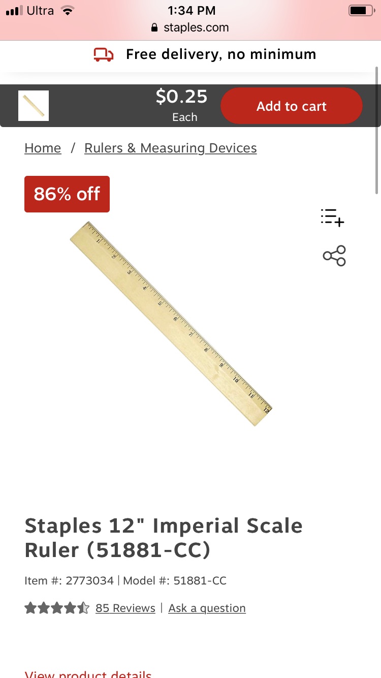 Staples 好价木制尺适合学生Beveled Wood Ruler 12" (51881) at Staples