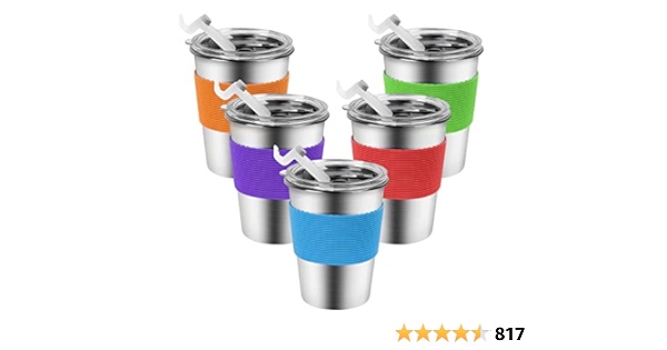 Ymmy Sam Stainless Steel Cups with Lids,Spill-proof Kids Tumblers Dishwasher Safe, Unbreakable Metal Toddler Cups with Heat-insulated Sleeves for Cold and Hot drinks.5 Pack 12oz