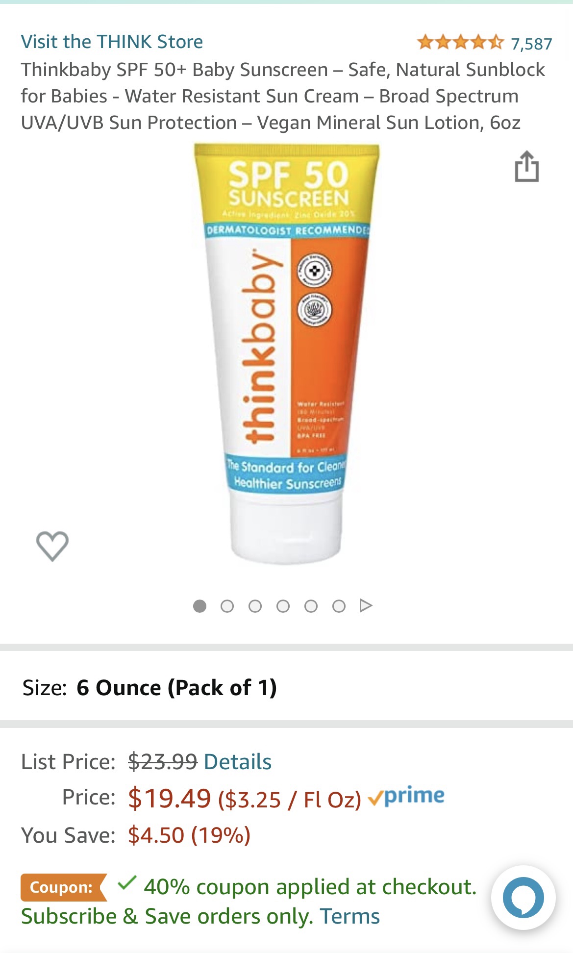 Amazon.com: Thinkbaby SPF 50+ Baby Sunscreen – Safe, Natural Sunblock for Babies - Water Resistant Sun Cream – Broad Spectrum UVA/UVB Sun Protection – Vegan Mineral Sun Lotion, 6oz : Baby