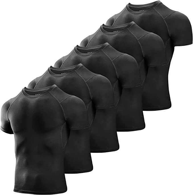 Amazon.com: Niksa 男士压缩衬衫5件装，短袖运动压缩上衣酷干锻炼T恤深黑色